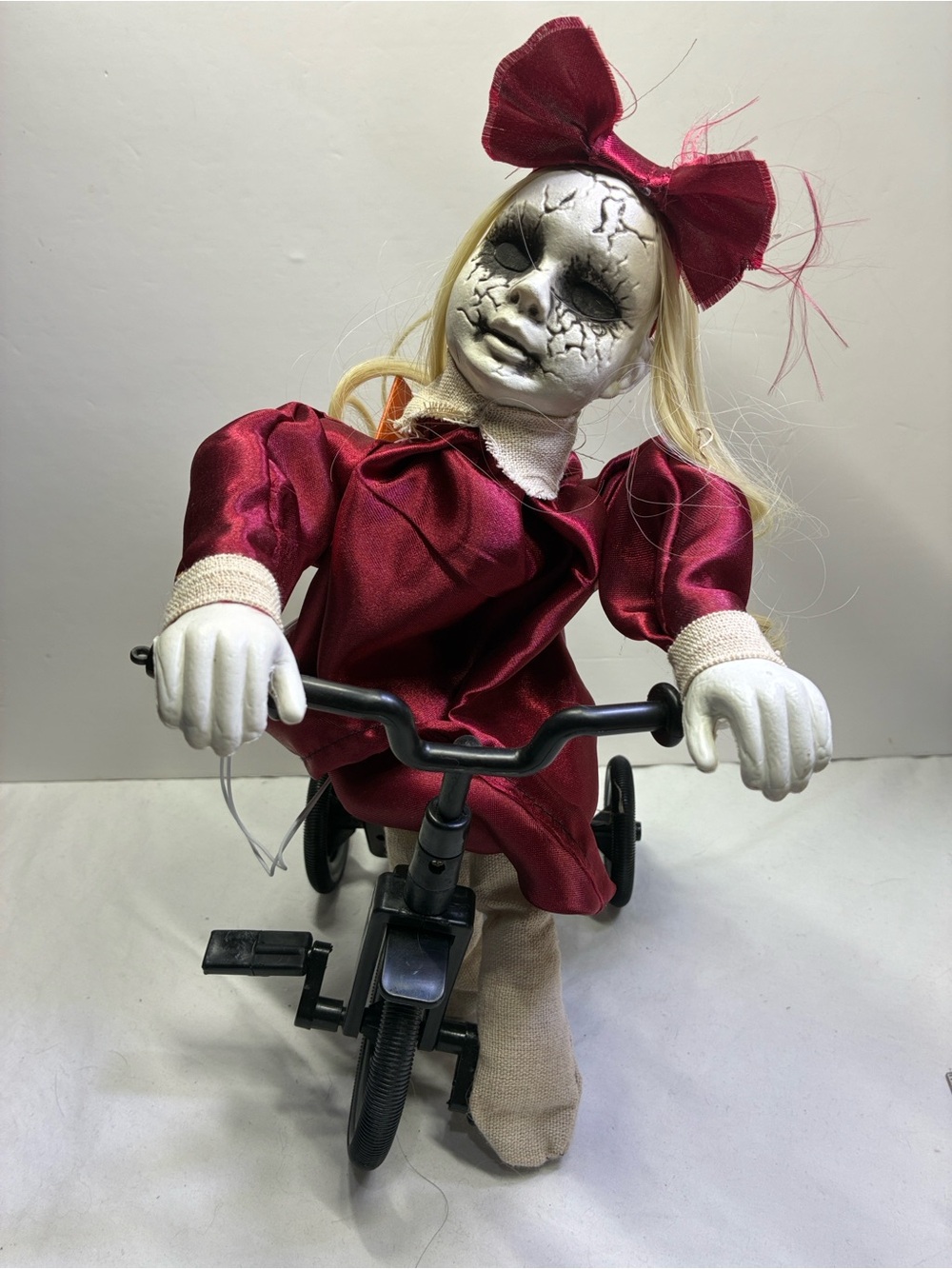 Halloween Animatronic Creepy Girl Doll on Tricycle Talking Moving Prop 12 Inch